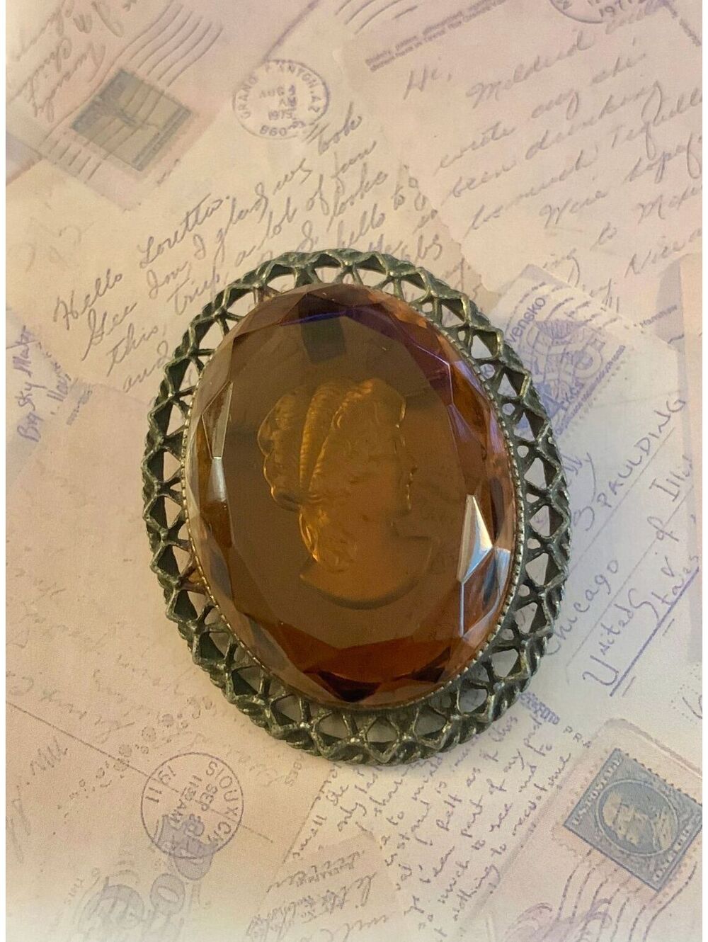 Vintage Victorian Revival Amber Glass Intaglio Cameo Filigree Brooch Pendant
